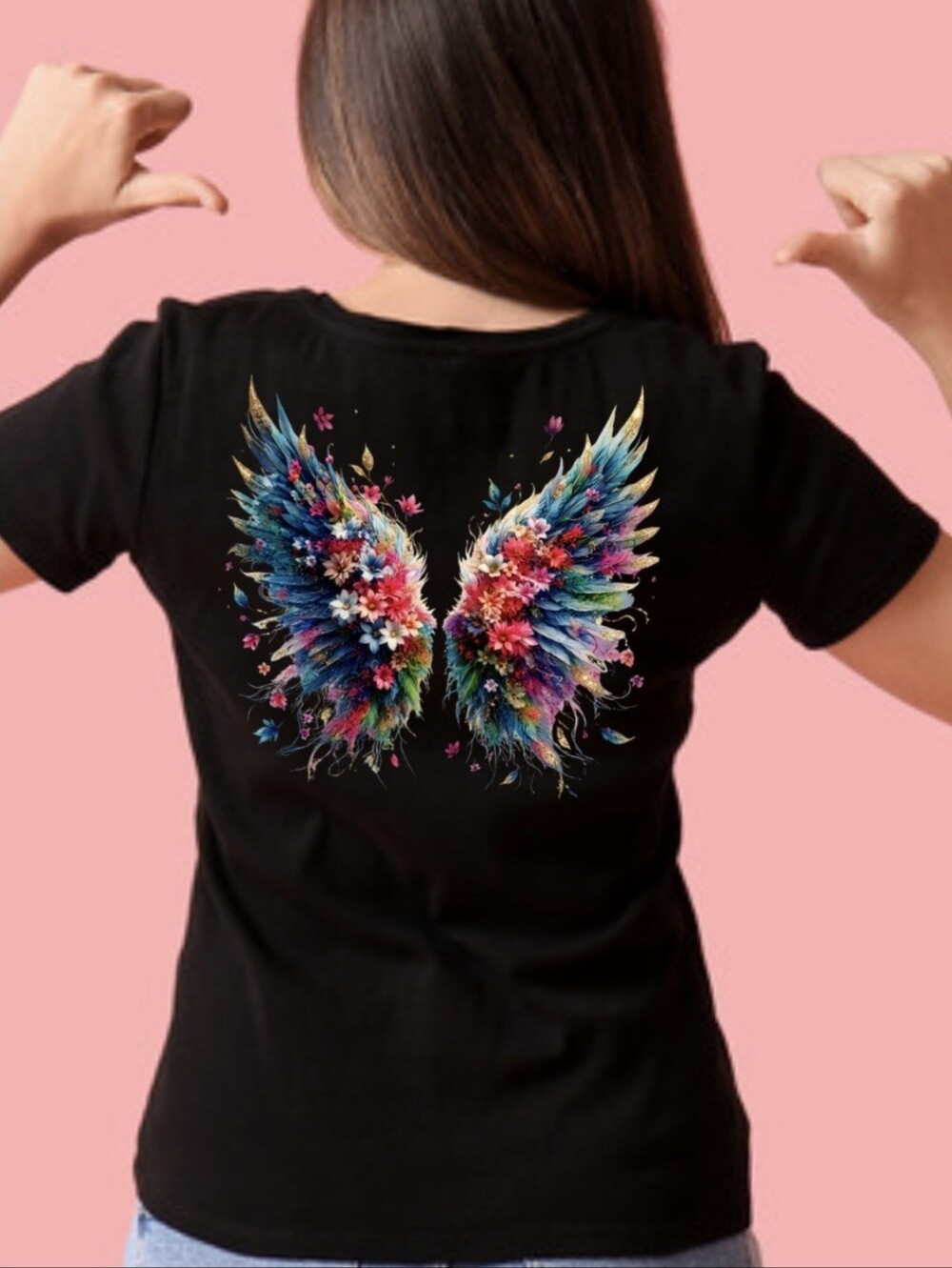 Luxury Black Neon Angel Wings Graphic Tee Back Design Sizes S M L 2X